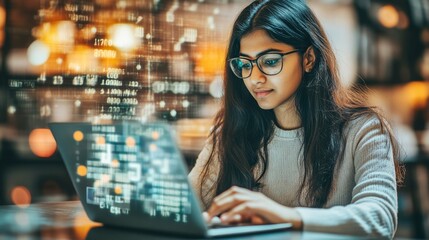 Female specialist developing innovative software in a diverse office. Shot with visual effects of running programs.