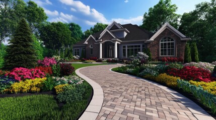 Obraz premium 3D rendering of a front yard with a round-shaped driveway, elegant paver patterns, and vibrant landscaping, creating a beautiful and inviting home entrance.