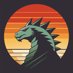 Stylized dragon profile in circular composition with vibrant teal and orange sunset backdrop