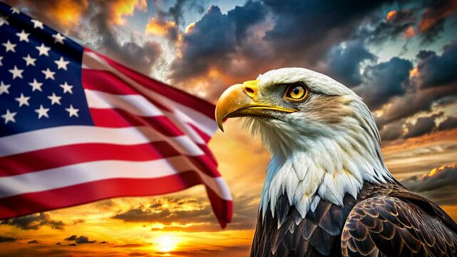American Bald Eagle with Flag and Sunset.