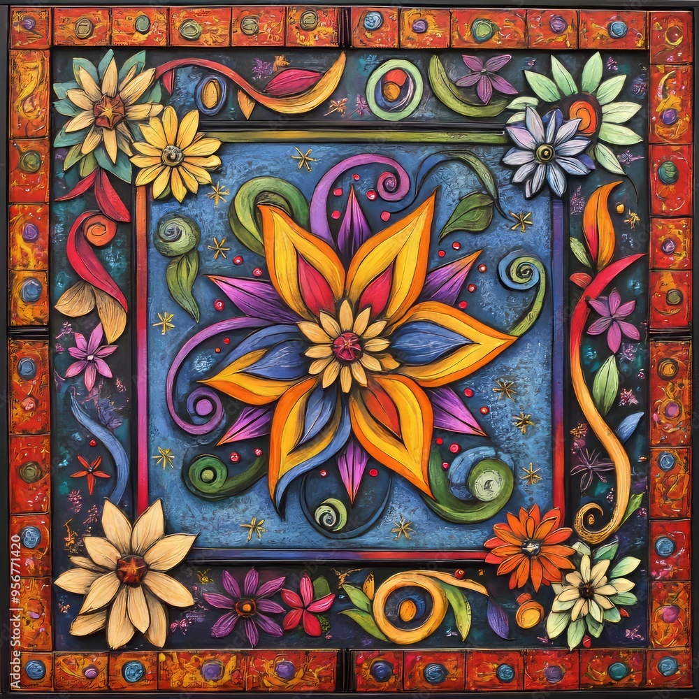 Wall mural Colorful floral design with a central flower surrounded by smaller flowers and swirls in a square frame.