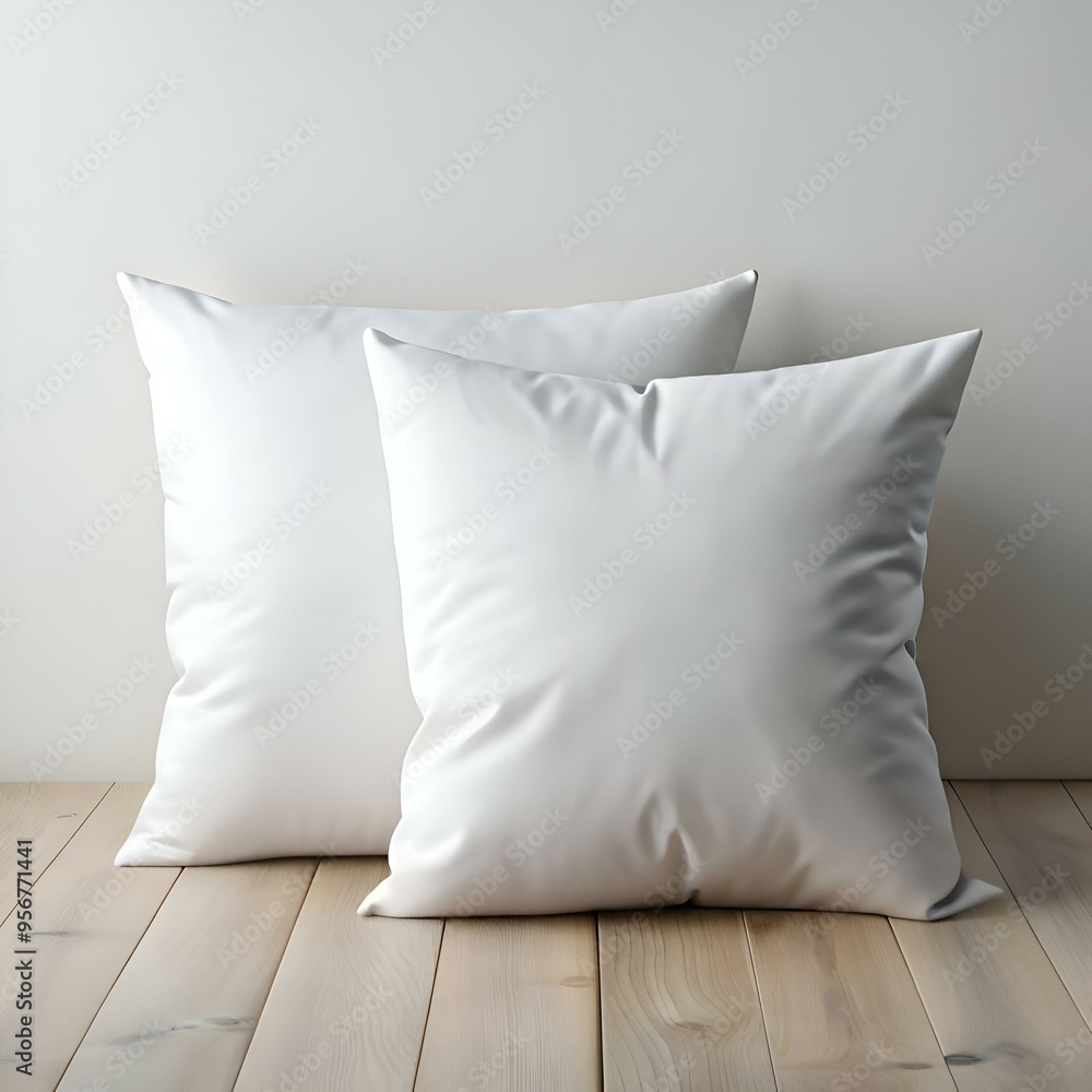 Poster two pristine white pillows rest on a natural wood floor. creating a minimalist and inviting scene.