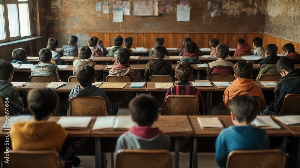 Aufkleber students sit in a crowded classroom, each focused on outdated books and materials, highlighting the 