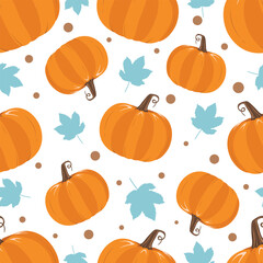 Flat style pumpkins and leaves seamless pattern design minimal style pumpkins texture with autumn leaves repeatable and printable pumpkin texture. Halloween and Holiday and Pumpkin Concept Design.