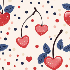 Heart shaped cherries, boho flat design seamless pattern