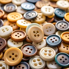 A close up shot of a colorful assortment of buttons. featuring various sizes. colors. and textures.