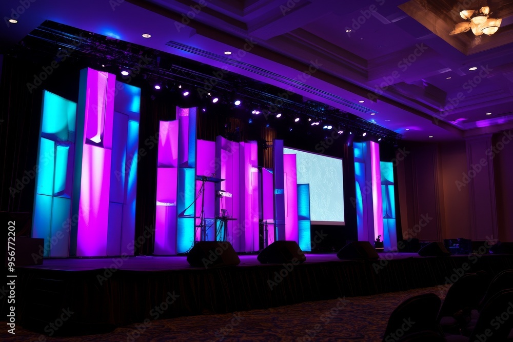 Sticker With several empty chairs arranged for audience in the hall, a big LED screen, purple and pink lights are shining down on the stage floor and testing the light system.