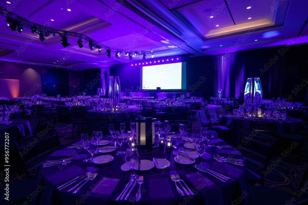 Poster a large led screen and purple and pink lights are shining on the stage floor while a light test is t