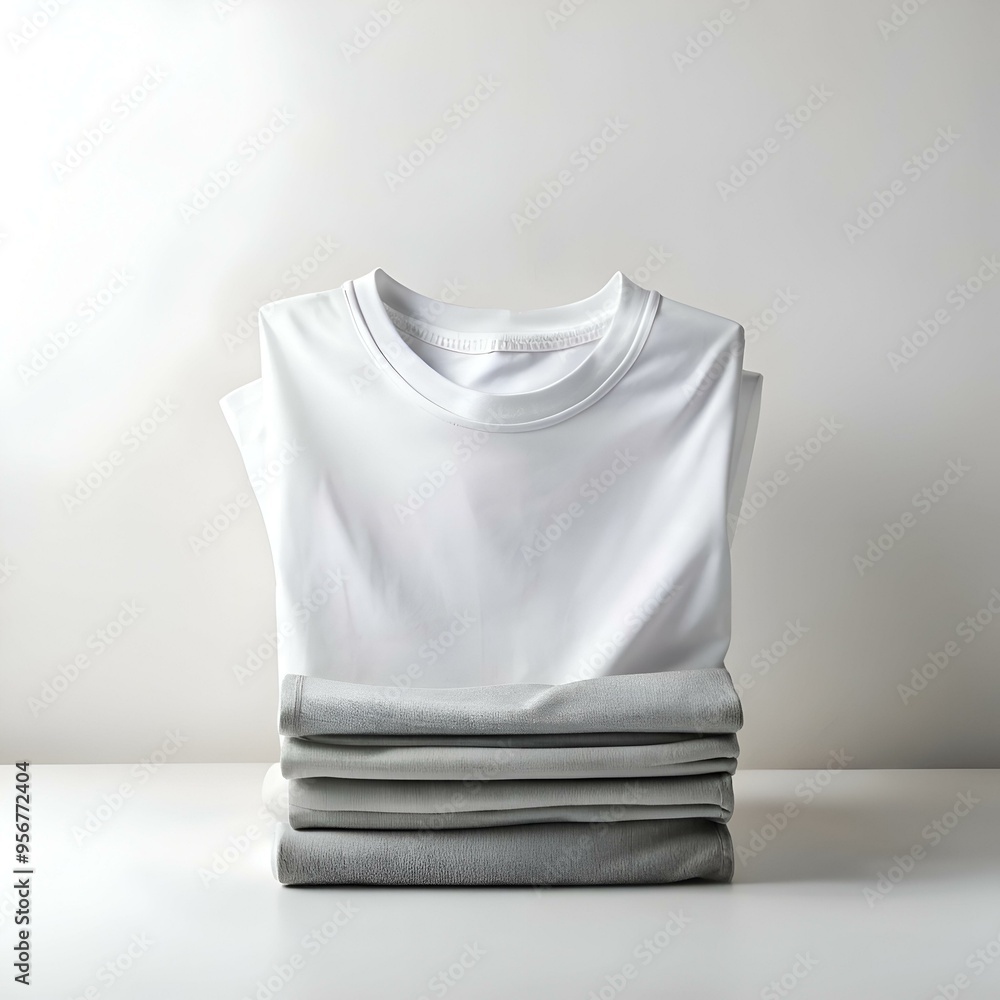 Poster a clean and minimalist image featuring a neatly folded white t shirt on top of a stack of gray t shi
