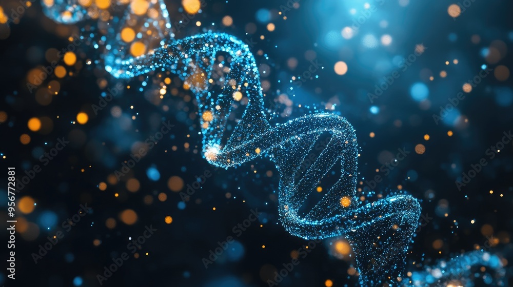 Poster blue spiral dna double helix with a glowing effect and abstract digital elements floating around it