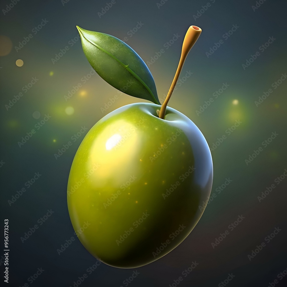 Poster a vibrant 3d illustration of a single olive. rendered with a glossy finish and a realistic leaf. per