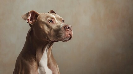 Charming Pit Bull sitting attentively in a studio, with a neutral background that highlights its glossy coat.