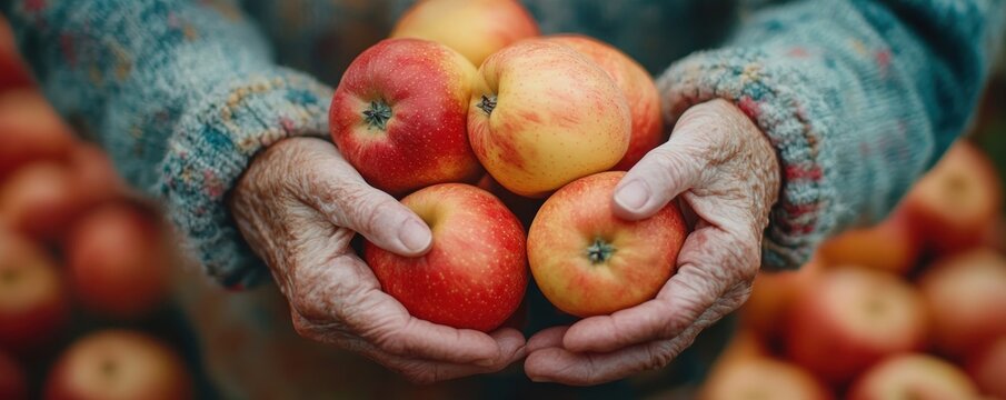 Senior Citizen Enjoying a Healthy Lifestyle with Ripe Apples in a Vibrant Orchard, Fall Harvest Season Joy