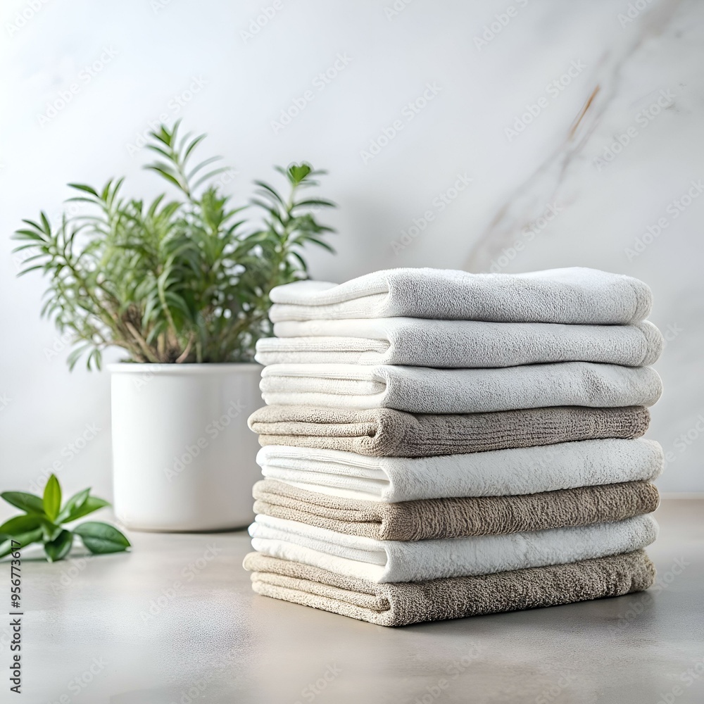 Poster a neat stack of freshly laundered towels. showcasing a soft and luxurious texture.