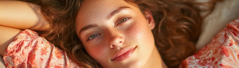 Fototapeta premium Relaxed Young Woman Lying Peacefully on Bed, Enjoying Personal Space and Warmth, Beautiful Girl, Soft Lighting, Calm Atmosphere, Cozy Bed, Serene Expression, Peaceful Slumber, Restful Moment