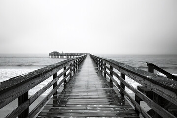 Obraz premium Long wooden pier stretching into the misty horizon over the ocean on a rainy, foggy day.
