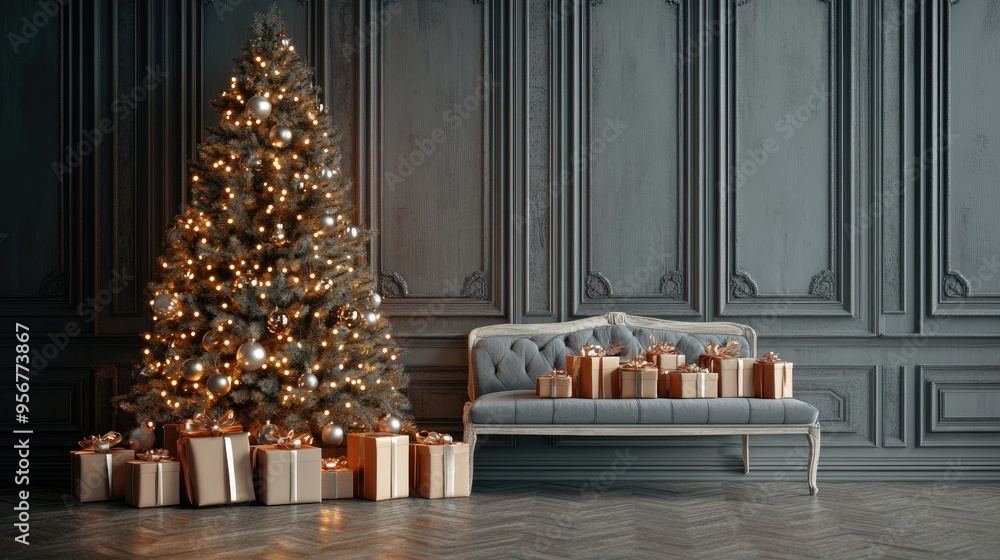 Poster christmas tree with shimmering lights and a grey bench holding an array of wrapped gifts beneath it