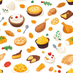Thanksgiving doodles and drawings, with apples, turkey, pie, pumpkins and fall leaves. Seamless pattern
