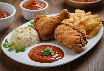 Delicious crispy fried Chicken drumsticks, wings with dipping sauces, lemon wedges, and fresh parsley