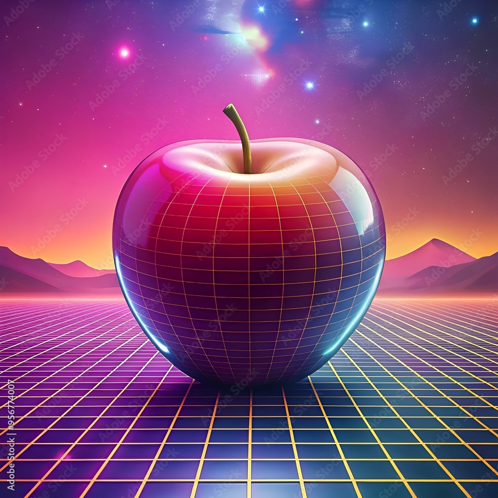 Poster a retro futuristic apple. rendered in vibrant neon colors and a grid pattern. sits on a digital land