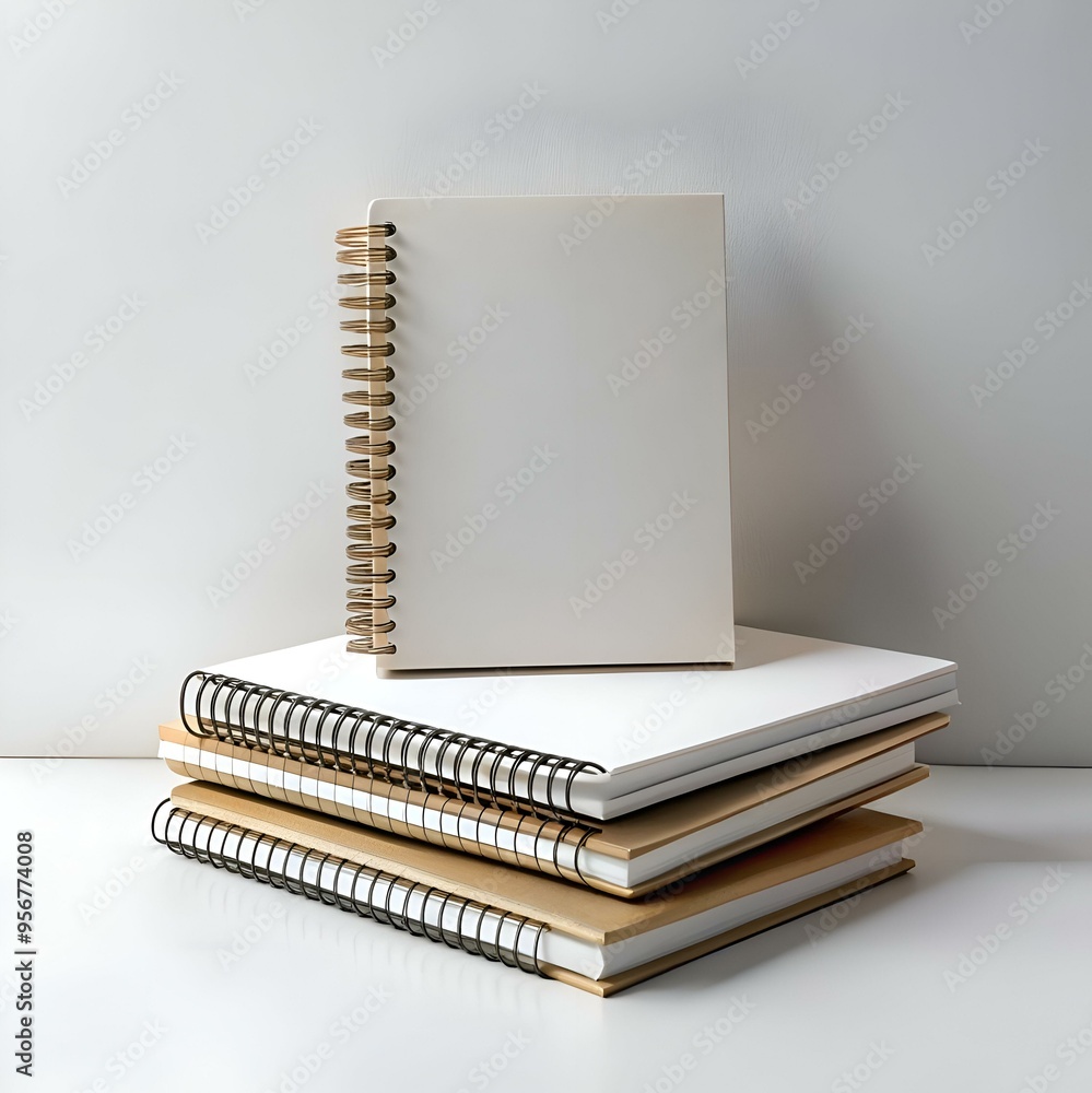 Poster a stack of blank spiral notebooks on a white background. perfect for showcasing your designs or addi
