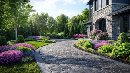 Obraz premium 3D-rendered front yard featuring a circular driveway, intricate paver design, and colorful landscaping, creating a stunning entrance for any home. -