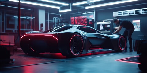Naklejka premium A cutting-edge car design studio where lasers are being used for precision measurement and 3D modeling, with engineers working on sleek futuristic car prototypes.