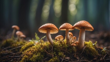 Fototapeta premium A bunch of mushrooms are growing on the ground.