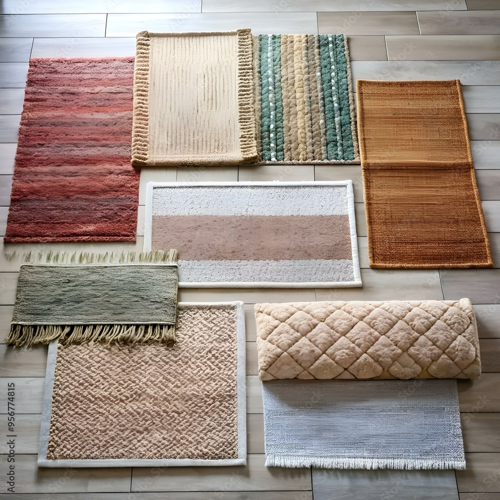 Poster a collection of nine diverse and stylish rugs in various textures and colors. perfect for adding war