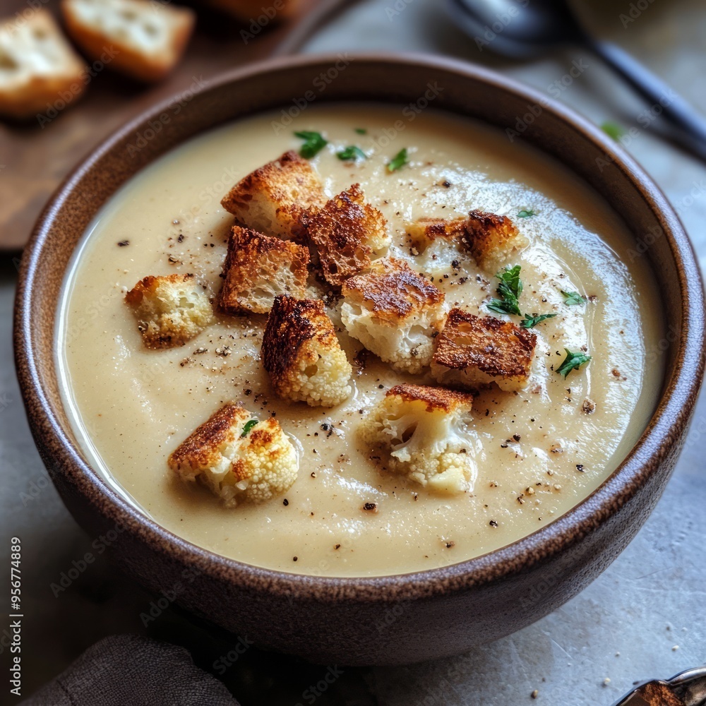 Sticker Creamy soup topped with croutons and parsley in a brown bowl.