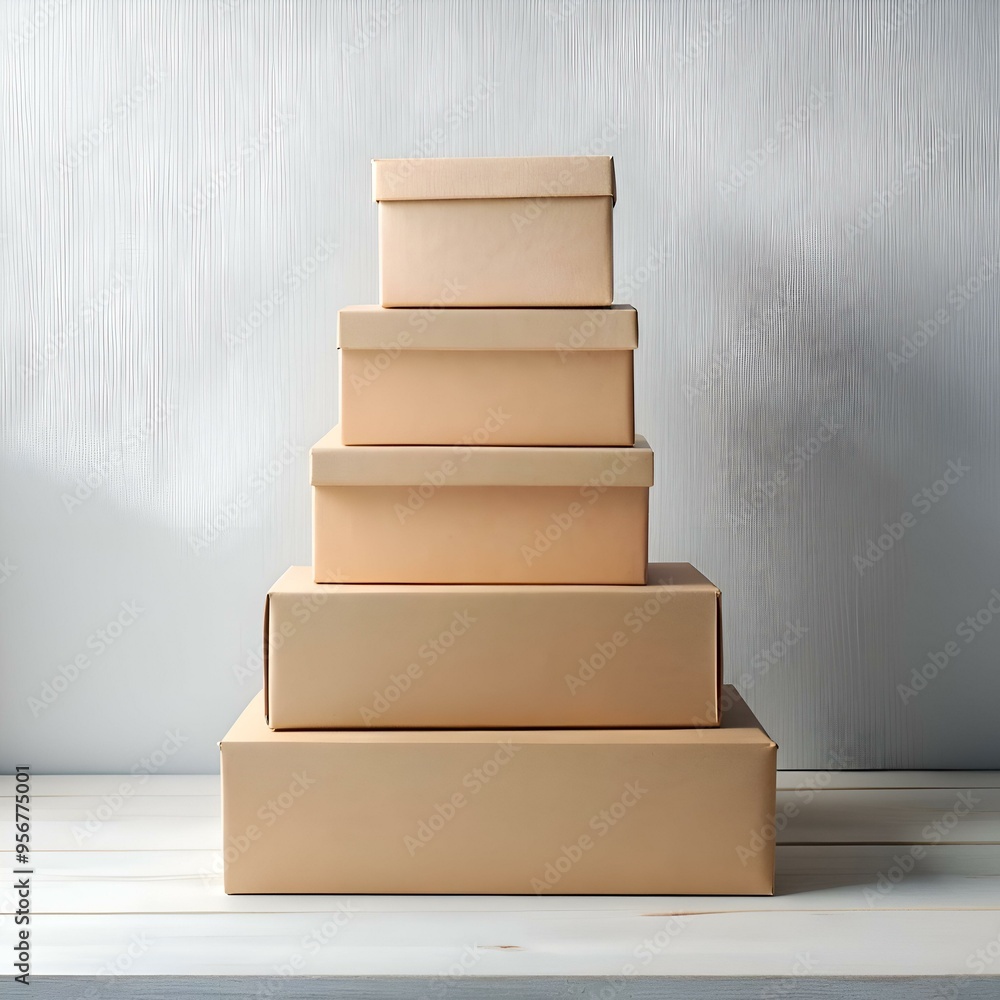Poster a stack of four brown cardboard boxes. arranged in decreasing size from bottom to top. sitting on a 