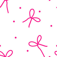 Seamless fashionable pattern with pink bows and polka dots on a white background.