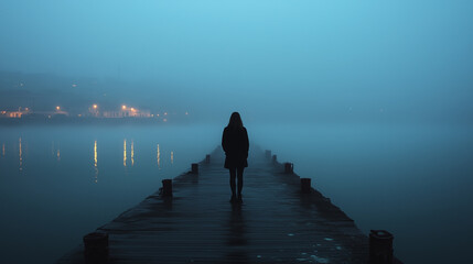 A person standing at a misty pier, hands in pockets, staring out over the fog-covered water, with distant city lights barely visible in the background, evoking a sense of melancholy and unresolved