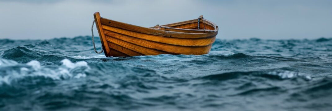 An empty wooden rowboat is seen floating alone on choppy blue sea waters, representing solitude, journey, and resilience against the turbulent waves.