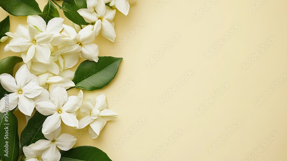 Poster cluster of jasmine flowers with leaves, positioned on the left side with space for text on the right