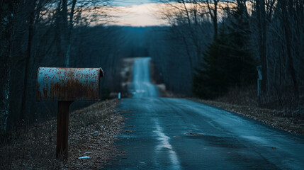 An old, rusted mailbox standing at the end of a long, empty driveway, with a person leaning against it, looking down the road as twilight settles in, waiting for something or someone that never