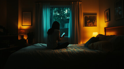 A dimly lit bedroom where a person sits on the edge of the bed, staring at a phone screen with no messages, while soft light from a nearby window casts a forlorn glow across the room