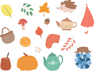 Autumn elements set, cute hand drawn vector illustration set