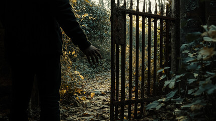 A person standing in front of a closed gate at the entrance of an old, overgrown garden, their hand gently touching the rusted bars, as they gaze into the shadows beyond with a sense of quiet despair