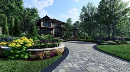Fototapeta premium 3D-rendered front yard with a round-shaped driveway, elegant stone pavers, and lush landscaping, creating a welcoming and luxurious entrance.