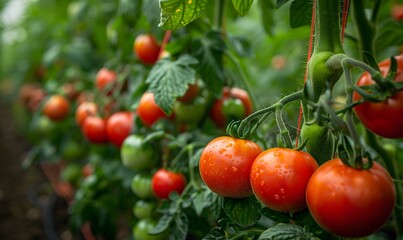 Greenhouse Rows, Rows of tomato plants with clusters of ripe tomatoes growing on vines