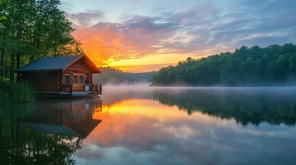 Fototapeta premium cabin by a lake at sunrise