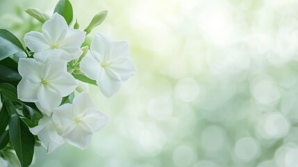 Delicate jasmine flowers with a soft, out-of-focus background, providing space for text on the left.