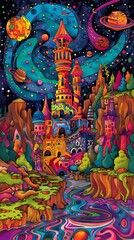 Obraz premium beautiful castle on a planet in galaxy illustration poster background