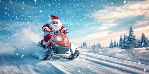 Santa Claus riding a snowmobile in snowy landscape. Santa Claus wearing his traditional red outfit rides a red snowmobile through a snowy landscape, kicking up snow as he speeds forward