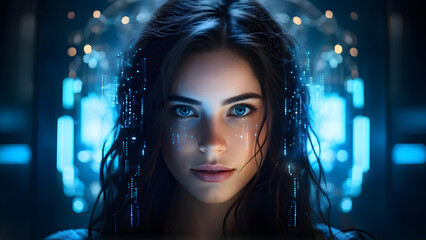 human and technology, cyberpunk, young attractive beautiful woman with dark hair brunette smiling, portrait, digital matrix, futuristic, looking, dark blue background, future spaceship, cyborg robot