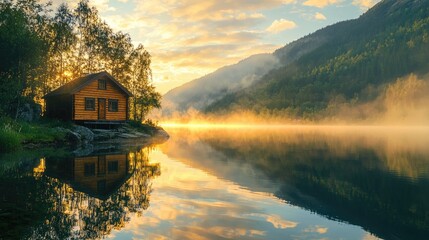 cabin by a lake at sunrise