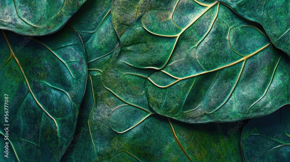 Poster detailed macro shot of philodendron leaves, emphasizing the intricate patterns and textures.