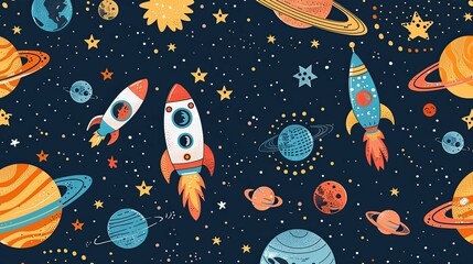 A Colorful and Whimsical Space Illustration with Rockets and Planets