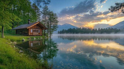 Obraz premium cabin by a lake at sunrise